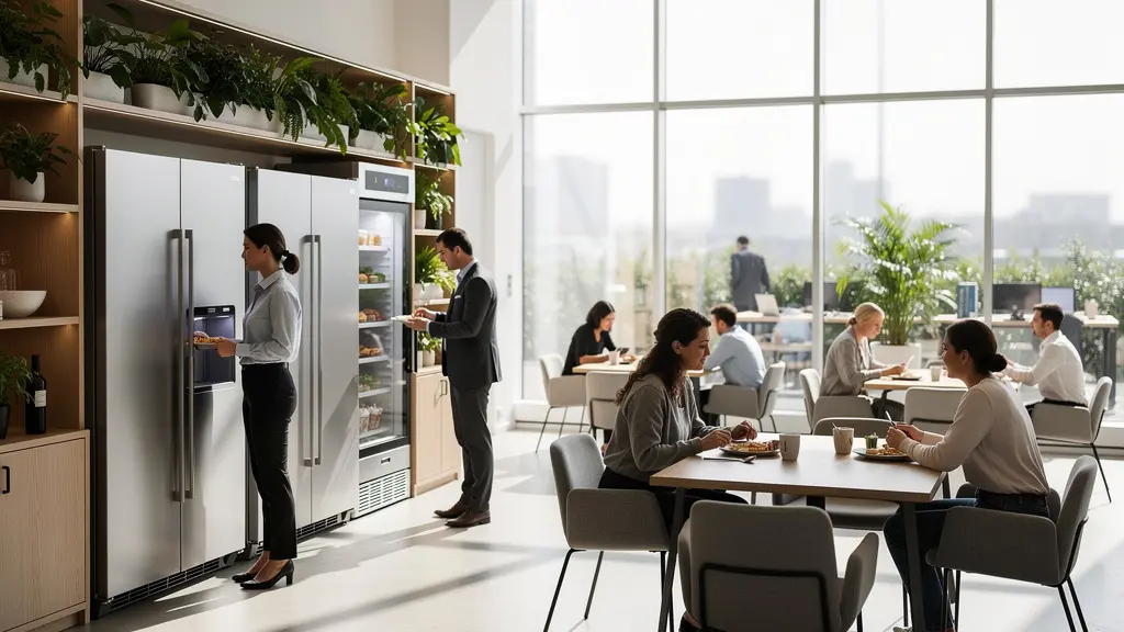 Espace de restauration d'entreprise moderne et convivial avec frigo connecté et zone de détente