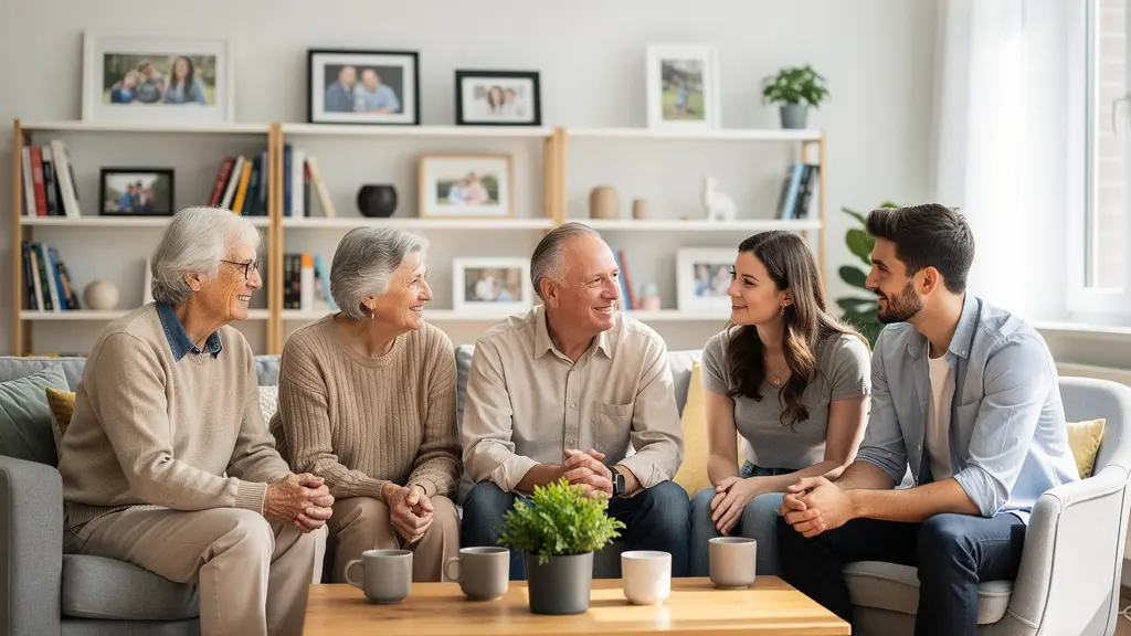 Famille multigénérationnelle réunie dans un salon chaleureux pour une discussion