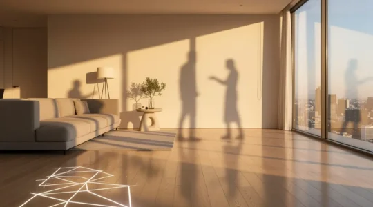 Espace immobilier moderne illuminé avec technologie immersive et acheteurs explorant virtuellement
