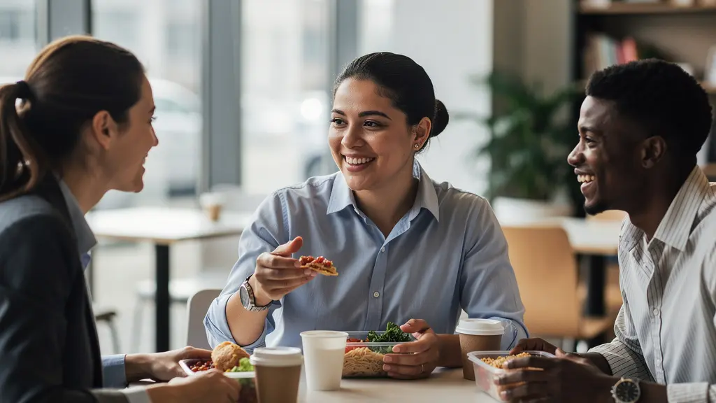 Salariés en pause déjeuner utilisant différentes options de restauration d'entreprise