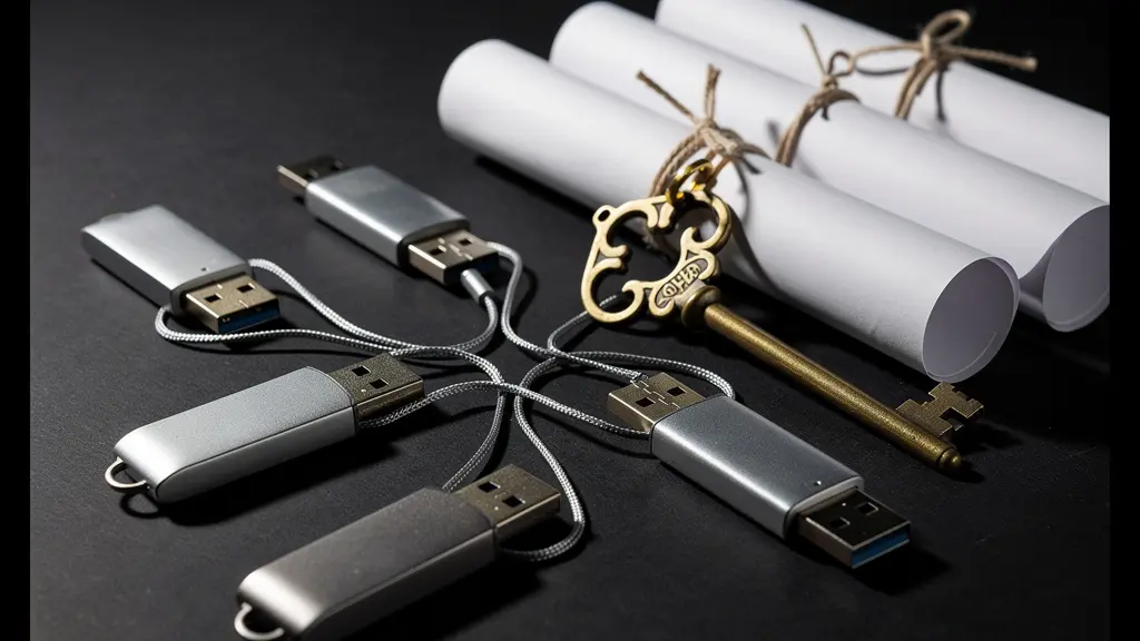 Documents contractuels et clés USB disposés sur bureau avec éclairage professionnel