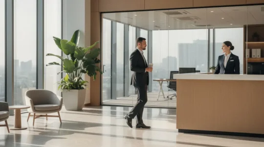 Bureau moderne avec concierge accueillant un employé dans un espace lumineux