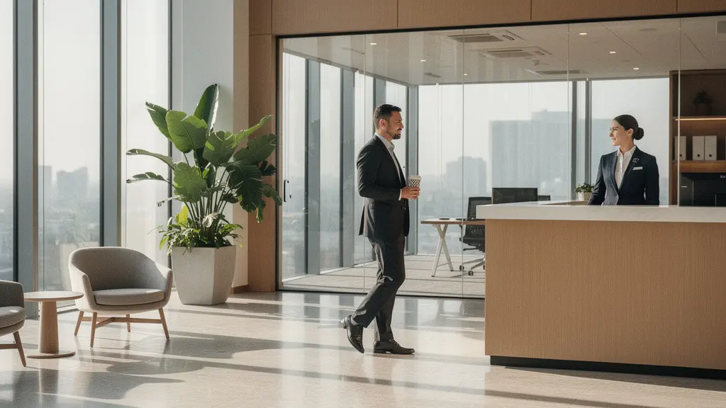 Bureau moderne avec concierge accueillant un employé dans un espace lumineux