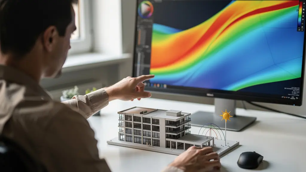 Expert analysant des courbes de simulation thermique dynamique sur ordinateur avec maquette de maison passive