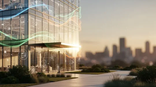 Vue moderne d'un bâtiment intelligent avec visualisation des flux de données IoT et capteurs connectés