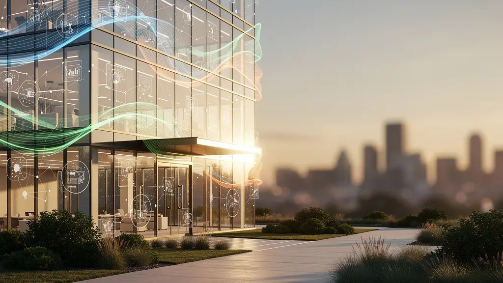 Vue moderne d'un bâtiment intelligent avec visualisation des flux de données IoT et capteurs connectés