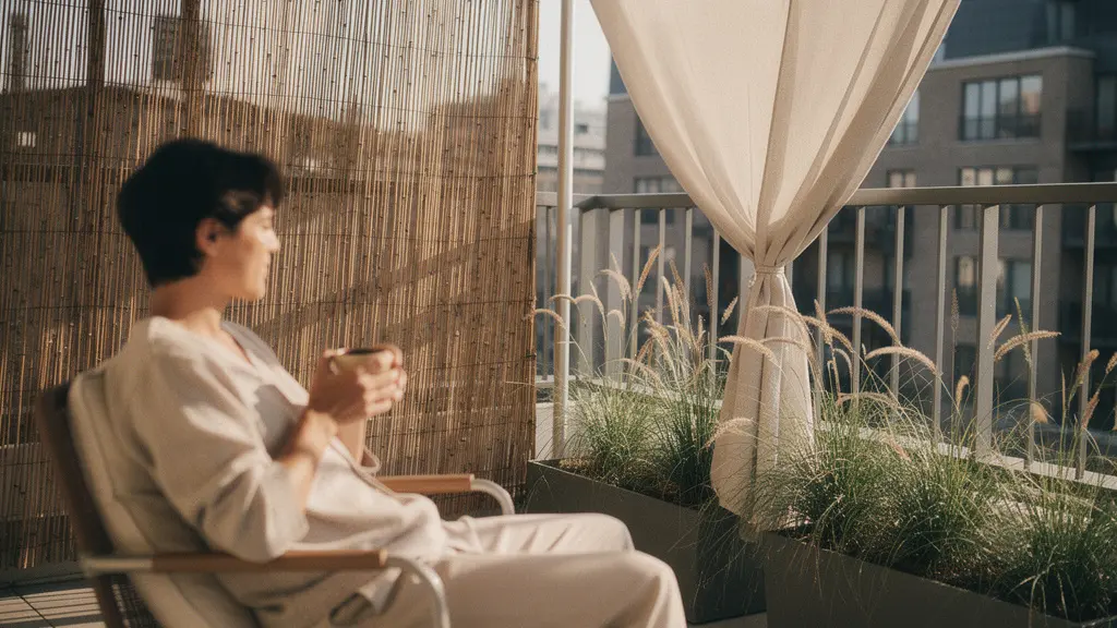 Balcon moderne avec systèmes d'occultation design amovibles préservant l'intimité sans modification permanente