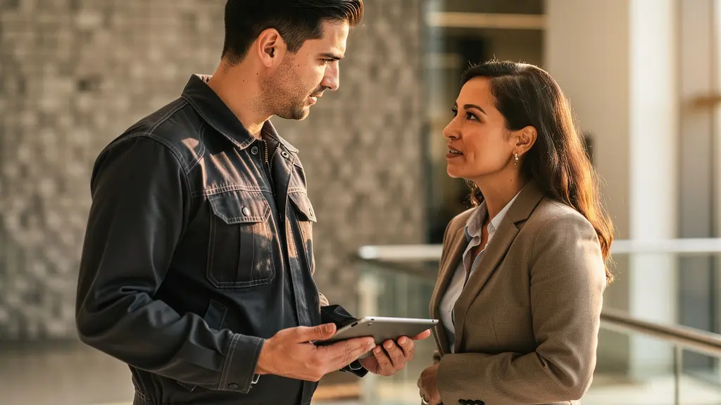 Technicien de maintenance en discussion avec un gestionnaire d'immeuble