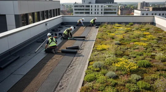 Vue architecturale d'une terrasse végétalisée en cours d'installation montrant les différentes couches techniques et la vérification structurelle