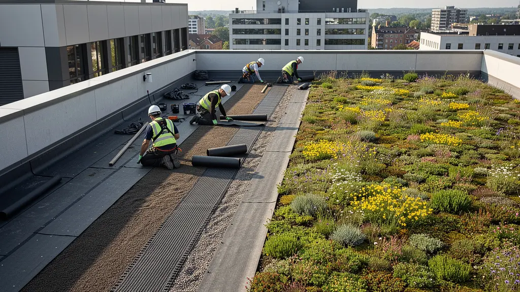 Vue architecturale d'une terrasse végétalisée en cours d'installation montrant les différentes couches techniques et la vérification structurelle