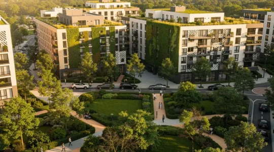 Vue aérienne d'un quartier urbain végétalisé avec parc luxuriant et immeubles modernes entourés d'arbres