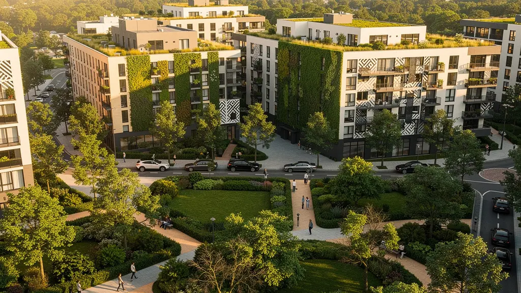 Vue aérienne d'un quartier urbain végétalisé avec parc luxuriant et immeubles modernes entourés d'arbres