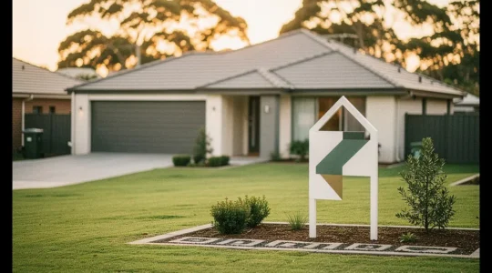 Vue d'une maison moderne avec jardin soigné et panneau immobilier élégant suggérant une vente rapide