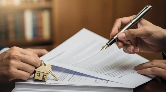 Scène de signature chez le notaire avec documents et clés sur une table en bois