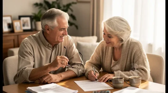 Couple de seniors consultant des documents financiers près d'une fenêtre lumineuse dans leur maison