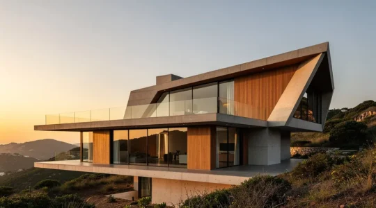 Villa d'architecte moderne avec terrasse panoramique et design unique au coucher de soleil