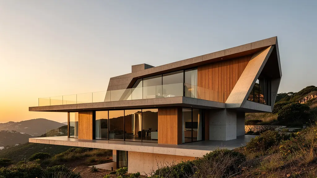 Villa d'architecte moderne avec terrasse panoramique et design unique au coucher de soleil