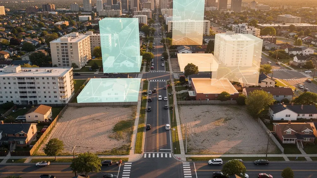 Vue aérienne d'un quartier résidentiel avec zones de développement suggérées par des formes géométriques transparentes, illustrant l'anticipation du marché immobilier