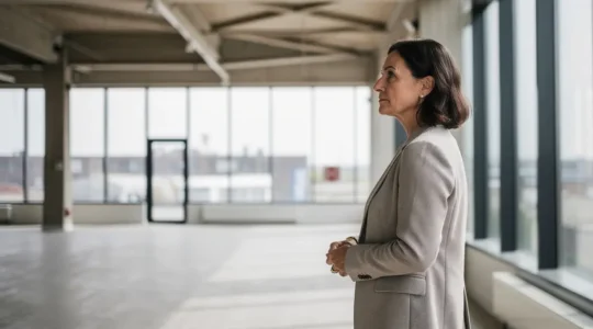 Dirigeante visitant un local commercial vide pour recherche immobilier entreprise