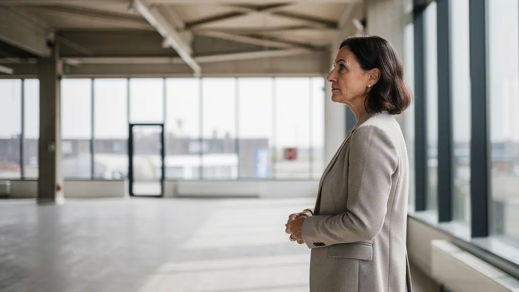 Dirigeante visitant un local commercial vide pour recherche immobilier entreprise