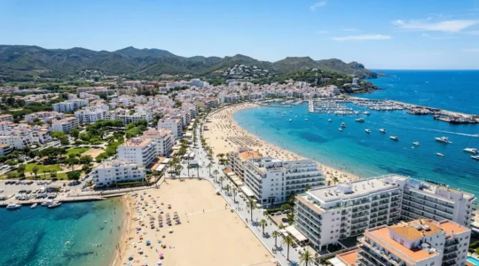 Vue aérienne du front de mer de Rosas avec immeubles résidentiels blancs modernes, baie méditerranéenne et ciel bleu dégagé