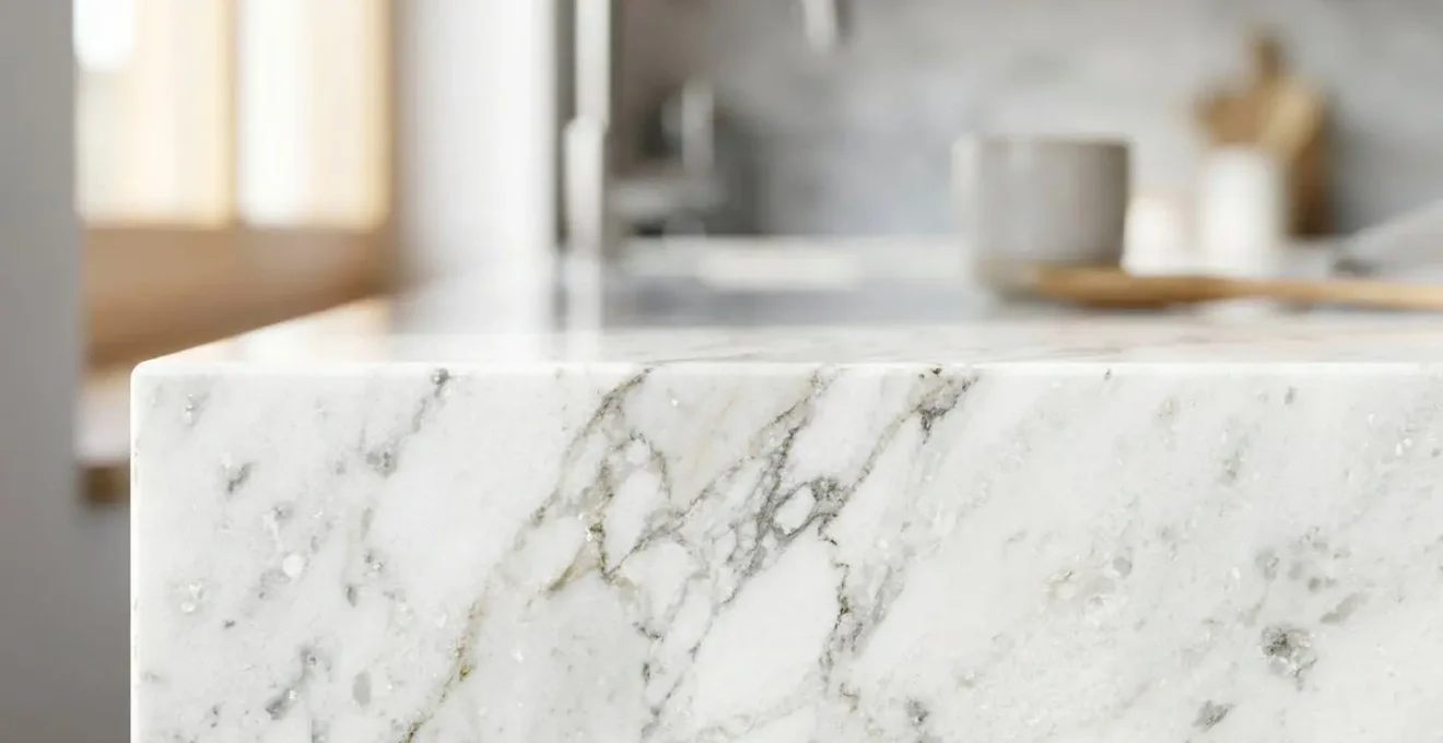 Gros plan sur un plan de travail de cuisine en marbre blanc moderne avec lumière naturelle rasante et texture détaillée