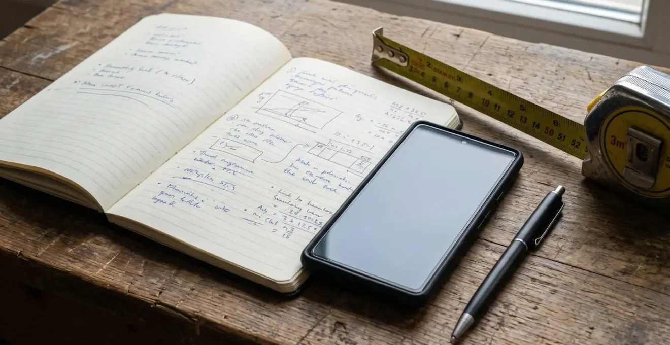 Une personne compare de près un résultat d'estimation sur smartphone avec des notes manuscrites sur une table.
