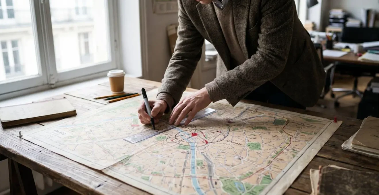 Professionnel analysant une carte de zone de chalandise pour un local commercial à Paris