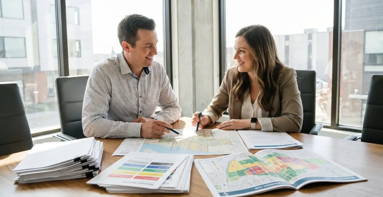 Deux professionnels de l'immobilier commercial comparant des documents de marché autour d'une table de réunion