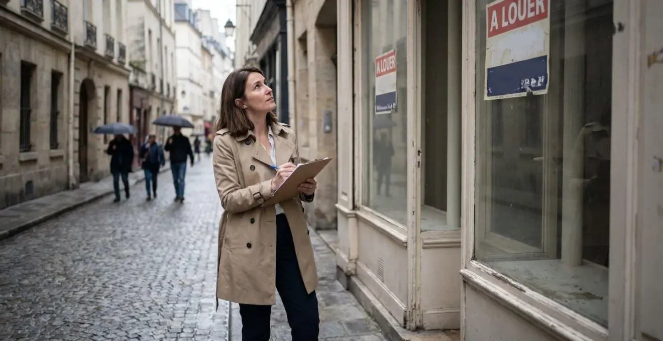 Entrepreneur inspectant la façade d'un local commercial vacant dans une rue parisienne animée